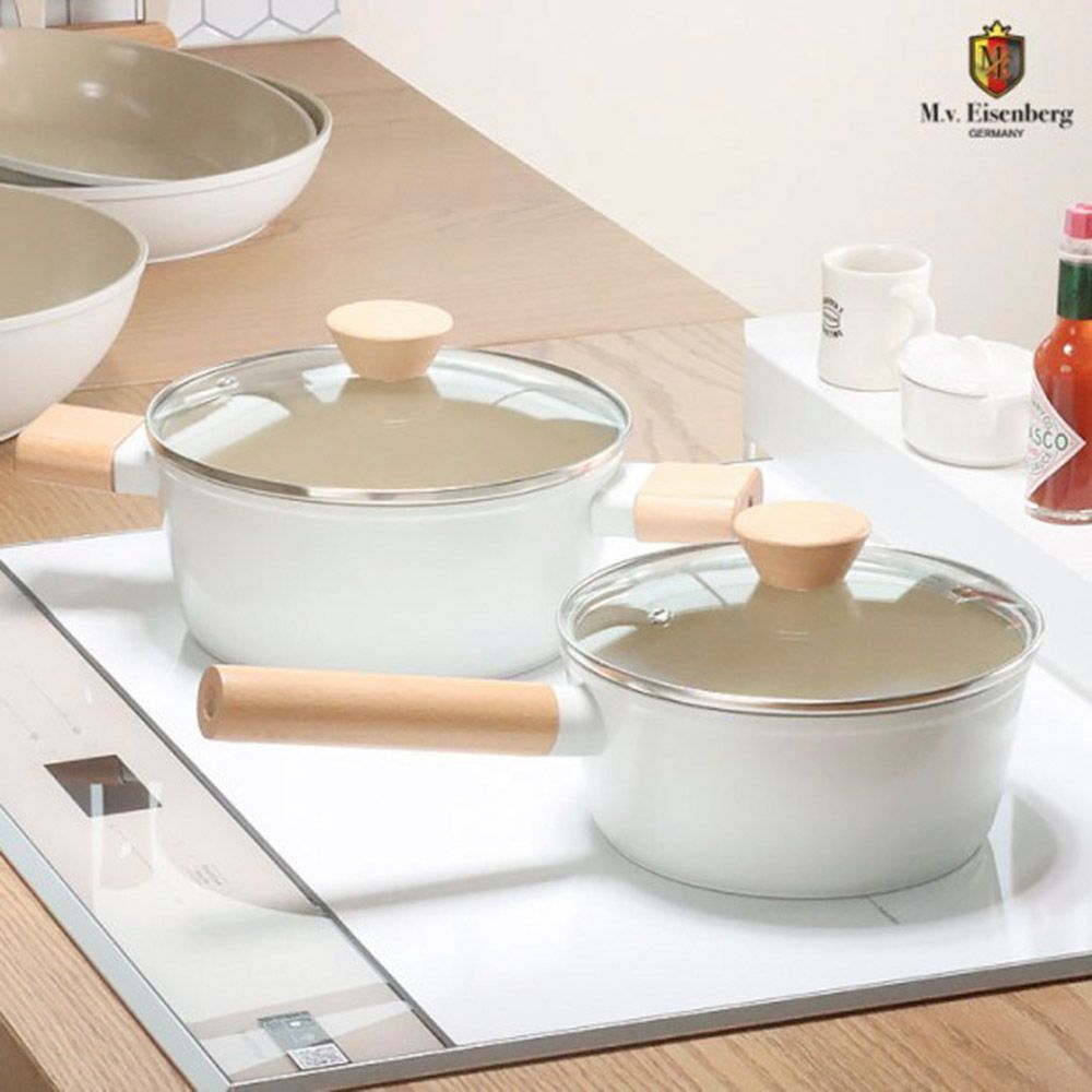 [M.v.Eisenberg] KUCHEN BAUM IH Ceramic Pot Set Series – 18cm Sauce Pan, 20cm Stock Pot | Non-Stick, Natural Mineral Coating, Induction-Compatible, Wooden Handle, Easy to Clean 